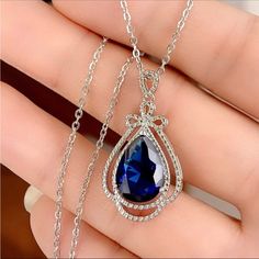 Gorgeous Teardrop Necklace Blue Sapphire 3 Ct Crystal Oval Cut Very Beautiful Great For Gifting Bundle To Save 16-18 Inch Extendable Sapphire Necklace Wedding, Swarovski Heart Necklace, Rose Gold Square, Clear Crystal Necklace, Stone Accessories, Blue Sapphire Necklace, Layered Necklaces Silver, Zirconia Necklace, Neck Accessories