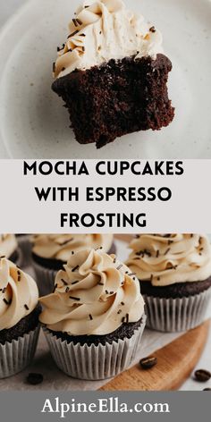 chocolate cupcakes with espresso frosting on a white plate