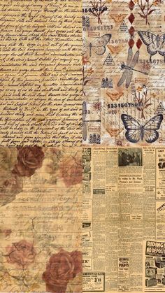 an old newspaper page with butterflies and flowers on it, as well as other papers