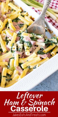 a casserole dish with ham, spinach and cheese in it is ready to be eaten