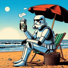 a storm trooper sitting on top of a beach holding a cup of coffee