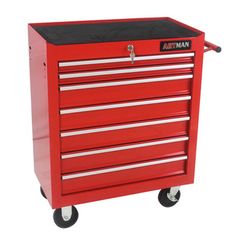 the craftsman's tool cabinet is red with black top and bottom drawers on wheels