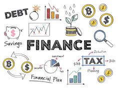 the words finance drawn on a whiteboard with various financial symbols and graphs around it