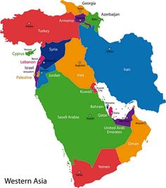 the detailed map of western asia with all states and their capital cities stockvectors