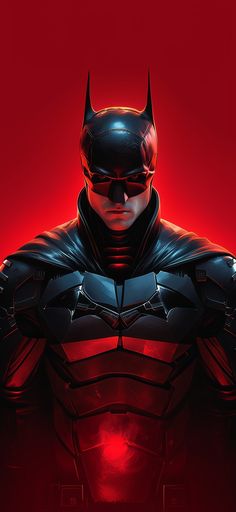 the dark knight batman poster is shown in red and black colors, as well as his helmet