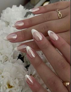 French With Pearl Chrome, Almond White Pearl Nails, Champagne Problems Nails, White French Pearl Nails, French Nails Pearl Effect, French Manicure Pearl, French And Pearl Nails, Pearlesant Nails, White Tip Nails With Chrome