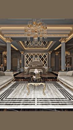 a living room with couches, tables and chandelier