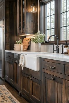 Kitchens With Dark Brown Cabinets - Kitchen Informant Kitchen With Dark Brown Cabinets, Dark Brown Kitchen Cabinets, Kitchen Cabinet Color Schemes, Distressed Kitchen Cabinets, Ranch Home Remodel, Dark Wood Kitchen Cabinets, Hickory Kitchen Cabinets, Stained Kitchen Cabinets, Dark Brown Cabinets