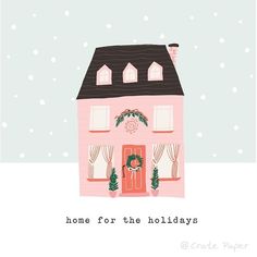 a pink house with christmas wreaths on the front door and windows is featured in this holiday card