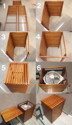 the steps to make a wooden bench out of wood slats are shown in four different ways