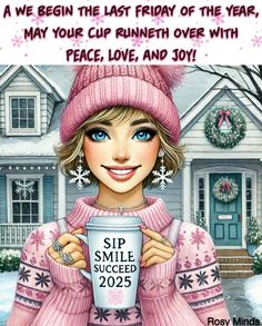 a cartoon girl holding a cup in front of a house with snow on the ground