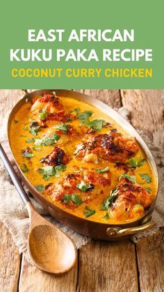 the cover of east african kuku paka recipe coconut curry chicken, on a wooden table