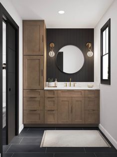 a bathroom with black and white tile flooring and wooden cabinetry on the wall