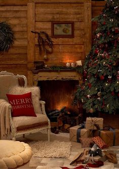 a living room decorated for christmas with presents