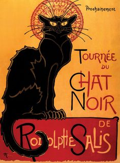 a black cat sitting on top of a red sign that says tournee du chat noir