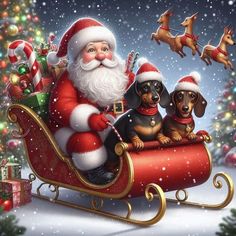 a painting of santa claus riding in a sleigh with two dachshunds