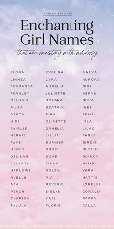 the poster for enchanting girl names, which are all in pink and blue