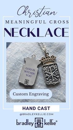 a necklace with the words, god's message and an image of a cross on it