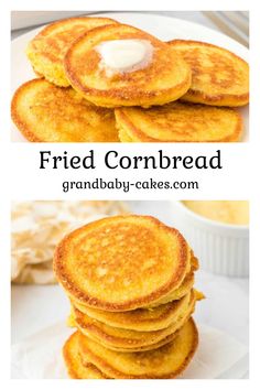 two pictures of fried cornbreads with butter on top and the same photo in front