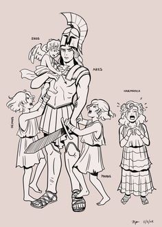 an ancient greek soldier holding two children in his arms, and another man standing next to him