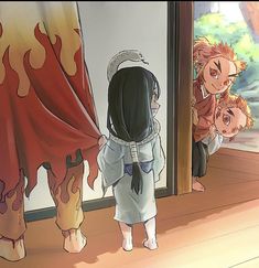 an anime scene with two children looking out the window at another child standing in front of them