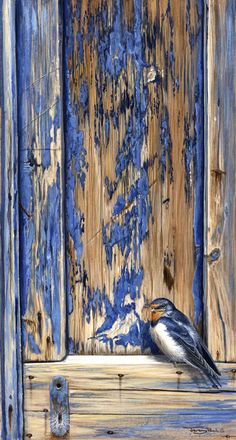 a painting of a bird sitting in front of a wooden door