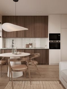 a modern kitchen and dining room are shown in this artist's impression, with wood paneling on the walls