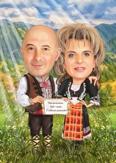 a caricature of a man and woman holding a sign in front of mountains