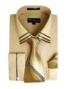 Men's 3 Piece French Cuff Dress Shirt Set   Item #: DSSG28   DESCRIPTION    65% Polyester 35% Cotton French cuff Included matching Tie and Handkerchief Available in 10 different colors  Please kindly refer to a size chart below to find the best fit for you.                            PAYMENT AND SHIPPING   We accept PayPal, it's fast and secure. You may also use your Visa, Mastercard, American Express or Discover cards and G Pay. All orders will be processed within 48 hours of payment received, Classic Gold Long Sleeve Sets, Formal Brown Cotton Sets, Men Dress Shirt, French Cuff Dress Shirts, French Cuff Shirts, High Fashion Dresses, Casual Tie, Mens Tie, French Cuff