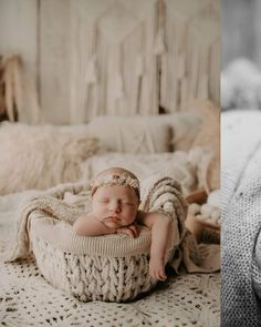 a baby sleeping in a basket on top of a bed next to an older photo