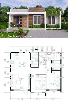 two story house plan with 3 bedroom and 2 bathrooms in the front, an open floor plan