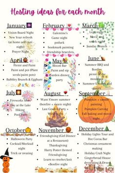 a list of halloween activities for kids to do in the fall and winter months with text overlay that reads, hosting ideas for each month