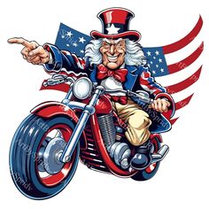 an uncle riding on a motorcycle with the american flag in the background and pointing at something