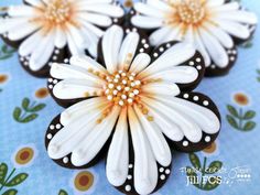 some white and black flowers are on a blue table cloth with brown dots around them