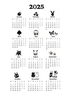 a black and white calendar with animals on it