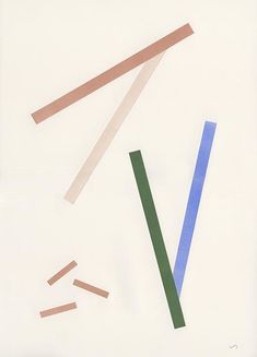 an abstract painting with different colored lines and strips on white paper, including one blue strip