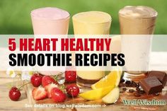 five healthy smoothie recipes on a wooden table with strawberries, lemons and chocolate