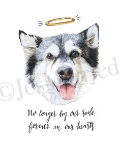 a drawing of a dog with an angel halo above it's head and the words we