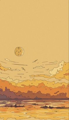 an orange and yellow sky with clouds, birds and the moon in the distance over water