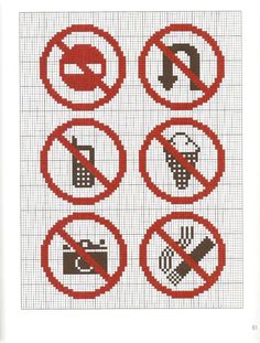 four cross stitched signs with different symbols