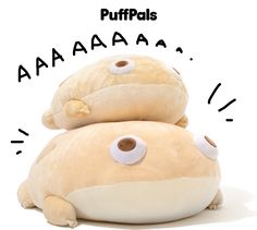 two stuffed animals sitting on top of each other with the words puff pals above them