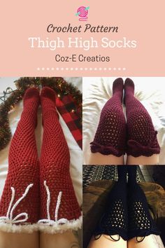 crochet pattern for thigh high socks with text overlay that reads,'crochet pattern thick high socks coz - e - creations '