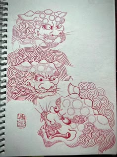 a drawing of two lions on top of each other with clouds in the sky behind them