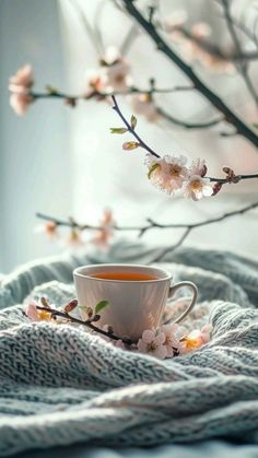 a cup of tea sitting on top of a bed next to a branch with flowers