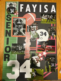 a sports collage featuring football players, numbers and stars is displayed on a table