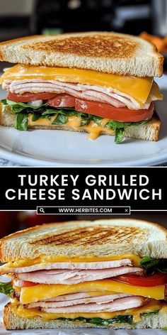 this grilled cheese sandwich is loaded with turkey, tomato, and lettuce