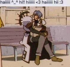 an anime character sitting on a bench with another person standing next to him and the caption reads,