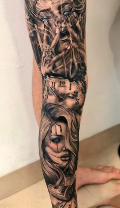 a man's leg with tattoos on it and an image of a clock in the middle