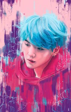 a painting of a boy with blue hair wearing a red jacket and pink hoodie