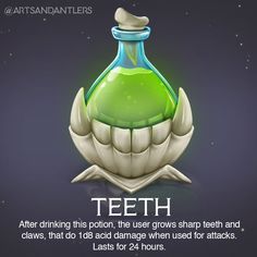 a bottle with teeth on it and the caption says, after drinking this pollution, the user grows sharp teeth and claws that do not damage when used for attacks